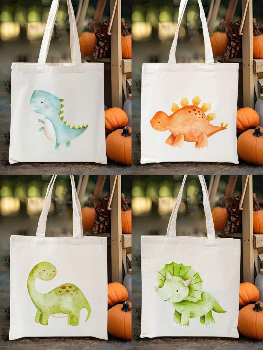 1 pieza Bolsa de regalo de lona con diseño de dibujos animados de dinosaurios, bolso de mano, bolsa de compras informal de lona con estampado de dinosaurios, bolsa de hombro, bolso portátil para compras o como empaque de regalo para cumpleaños y fiestas - Multicolor - Ver 1