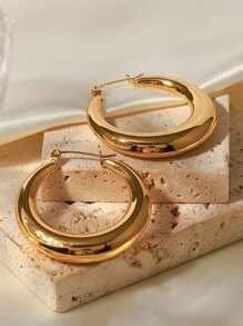 1pair Fashionable & Elegant Metal Hoop Earrings, Suitable For Women To Wear In Spring And Summer - Yellow Gold - View 2