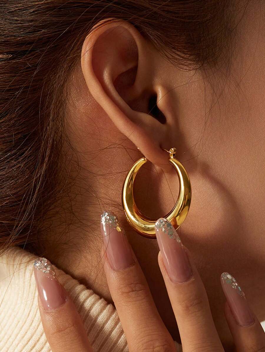 1pair Fashionable & Elegant Metal Hoop Earrings, Suitable For Women To Wear In Spring And Summer - Yellow Gold - View 1