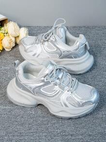 2025 Summer New Mesh Hollow Breathable Sports Shoes, Fashionable Chunky Sneakers For Women, Street Style - 銀色 - 查看 5