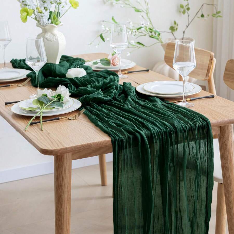 1pc 90*180/300/400cm Olive Green Bali Gauze Table Runner, Crinkle Texture Table Runner, Farmhouse Wedding Decor, Suitable For Christmas, Party, Wedding, Home Decoration, Dining Table Center Piece - Solid Color - View 1