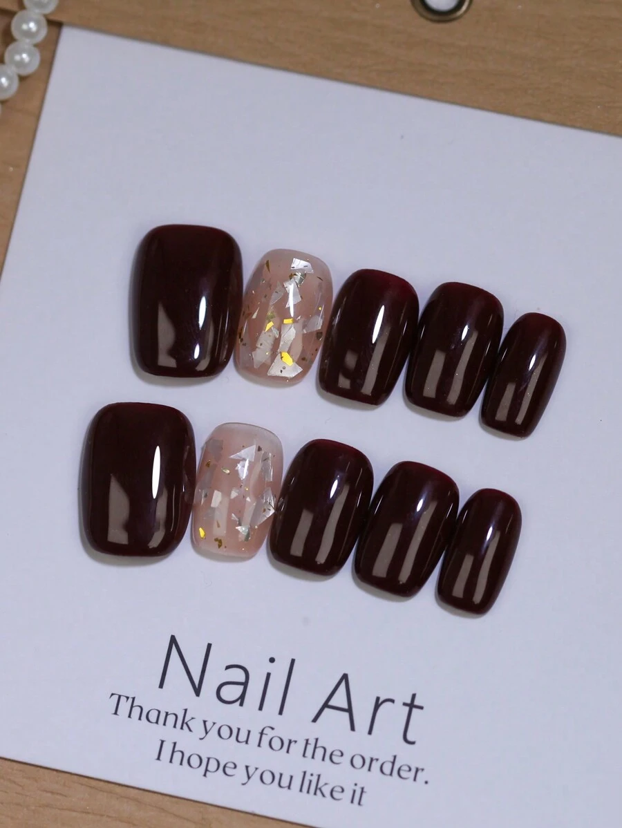 100% Uñas postizas hechas a mano de color rojo vino, 10 piezas de uñas cuadradas cortas con decoración de concha, puntas de uñas falsas reutilizables para diseños de arte de uñas para la vida diaria y vacaciones, suministros de uñas