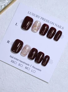 100% Uñas postizas hechas a mano de color rojo vino, 10 piezas de uñas cuadradas cortas con decoración de concha, puntas de uñas falsas reutilizables para diseños de arte de uñas para la vida diaria y vacaciones, suministros de uñas - Burdeos - Ver 4