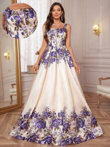 女士花卉印花无袖长款优雅华丽方形领口伴娘礼服 - 杏色 - 查看 2