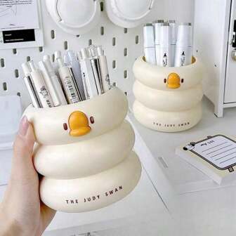 1個 キュートなアヒル型デスクオーガナイザー - オフィス用プレミアムプラスチックペンとメイクブラシホルダー