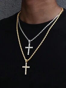 水鑽冰鎮十字吊墜項鍊4mm網球鏈條適合男人及女人嘻哈首飾類 - 銀色 - 查看 7