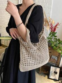 Yogodlns 女士针织单肩包，复古镂空编织大容量花卉装饰手提包，钩针编织包，完美适用于海滩、旅行、购物和度假，是搭配女士沙滩配饰的理想之选，最受欢迎的女士沙滩包，沙滩必备品，沙滩用品，沙滩装备和夏季必备品 - 卡其色 - 查看 8