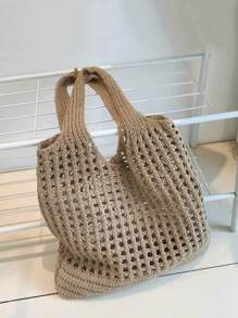 Yogodlns 女士针织单肩包，复古镂空编织大容量花卉装饰手提包，钩针编织包，完美适用于海滩、旅行、购物和度假，是搭配女士沙滩配饰的理想之选，最受欢迎的女士沙滩包，沙滩必备品，沙滩用品，沙滩装备和夏季必备品 - 卡其色 - 查看 3