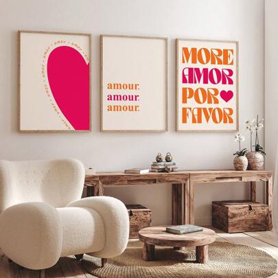 Ensemble de 3 pièces Art mural More Amor Por Favor Sunshine - Maximalist Poster - Citation d'amour - Eclectique coloré moderne rose-orange - Art mural imprimable