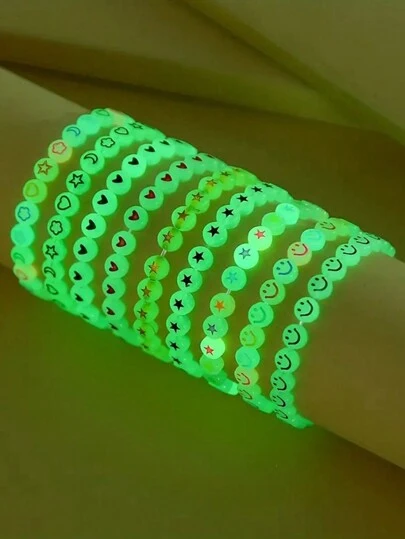 6/3/1pc Glow-In-The-Dark Beaded Bracelet Set - Fashionable Girls Accessories With Heart, Star & Cloud Designs - Perfect For Gifts & PartyDecorations-Adjustable, Dazzling & Multipurpose