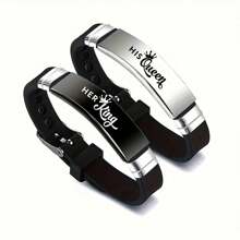 2pcs His And Hers King Queen Crown Romantic Couple Bracelets, Adjustable Size Stainless Steel Silicone Bracelets, Gift For Parties And Festivals