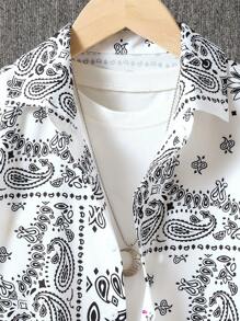 2pcs Set Boys' Paisley Pattern Print Shirt And Shorts, Ramadan Gift, Stylish Design Short Sleeve Collared Shacket And Shorts Set, Spring/Summer