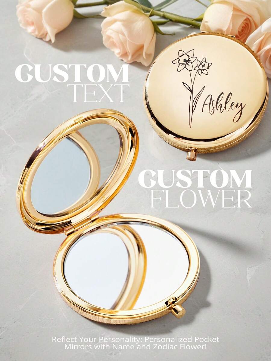 1pc Custom Birth Flower Mirror, Custom Name Mirror, Custom 3 Colors