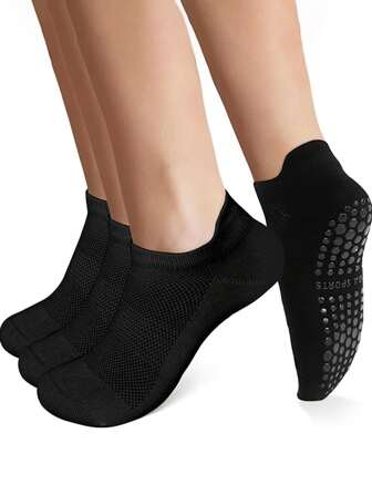 3 Pairs Professional Women's Yoga Socks, Anti-Slip Short Socks For All Seasons, Pilates, Fitness, Dance, Sports Socks, Adult Floor Socks, Black, Grip Socks, Gym, Fall