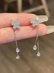 1 Pair Of Butterfly Tassel Long Earrings With Waterdrop Rhinestone Ornament For Women, Sweet Style For Teen Girls - Silver - View 2