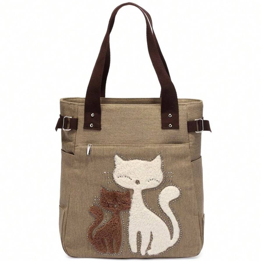 KAUKKO Cute Cat Totes Women Canvas Handbags - 卡其色 - 查看 1