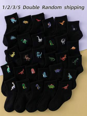 1/2/3/5 Pairs Of Interesting And Personalized Black All-Match Embroidered Dinosaur Pattern Fashionable And Versatile Mid-Calf Socks For Kids, Random Shipment