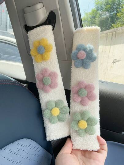 2pcs Car Seat Belt Shoulder Pads, Cartoon Cute Car Protective Sleeve Floral Decor Auto Interior Accessories