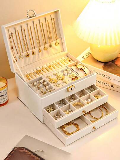 1pc Luxury Diamond-Shaped Multi-Layer Lockable Jewelry Box, Double-Drawer PU Leather Storage, Lockable For Rings, Earrings, Bracelets, Necklaces, Elegant Gift Solution With Security Earring And Ring Organizer, Portable Durable, Double-Deck Lockable Jewelry Storage Box For Earrings, Rings, Watches, Bracelets And Other Accessories, Organizing And Storing, Festival Gift For Delicate Friends, Double-Deck Lockable Jewelry Box For Rings, Necklaces And Accessory Organizing