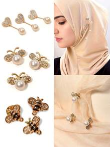 3pcs Women Faux Pearl Heart-Shaped, Bee-Shaped & Round Rhinestone Brooch Pins Set For Scarf, Shawl Or Hat Decoration, Perfect For Dating & Gifting - Multicolor - View 1