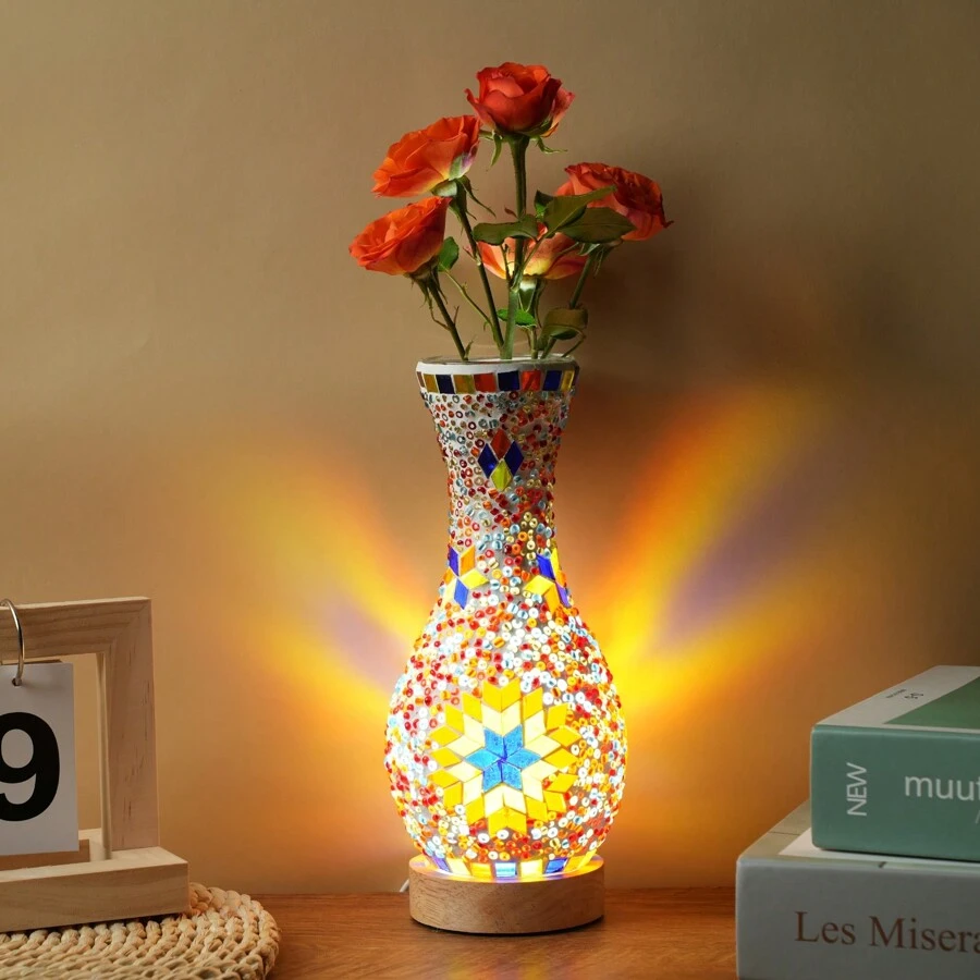 Turkish Moroccan Lamp ,Colorful Mosaic Vase Lamp With Wood Base, Handmade Turkish Moroccan Table Lamp For Farmhouse Living Room Or Bedroom Decor