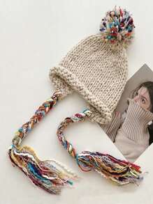 1pc Women's Winter Handmade Tassel Knit Hat, Autumn & Winter Warm Ear Protection Fashionable Beanie, Suitable For Daily Wear, Shopping And Skiing