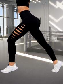 女士无缝破洞运动紧身裤、高腰瑜伽裤、百搭透气打底裤 - 黑色 - 查看 5