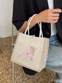 1件粉紅色碎花字母印花手提包節日禮物袋收納袋購物袋多功能輕便日常旅行度假戶外購物超市度假經典簡約純色可愛卡通禮物女兒時尚小包休閒包旅行配件學生女包 - 彩色 - 查看 4