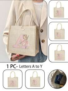 1件粉紅色碎花字母印花手提包節日禮物袋收納袋購物袋多功能輕便日常旅行度假戶外購物超市度假經典簡約純色可愛卡通禮物女兒時尚小包休閒包旅行配件學生女包 - 彩色 - 查看 1