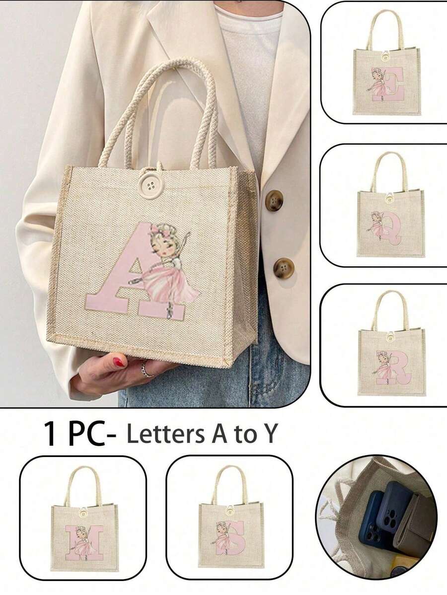 1件粉紅色碎花字母印花手提包節日禮物袋收納袋購物袋多功能輕便日常旅行度假戶外購物超市度假經典簡約純色可愛卡通禮物女兒時尚小包休閒包旅行配件學生女包 - 彩色 - 查看 1