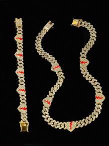 1set 12mm Width Alloy Punk Broken Heart Chain Necklace, Men's Fashion Rhinestone-Inlaid Chain, Western Style Accessory, Boyfriend Gift