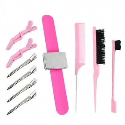 Bộ công cụ tạo kiểu tóc giả 10 chiếc (Bộ lược 3 chiếc, Bàn chải lông mày, Bàn chải nhỏ, Lược nhọn, Kẹp tóc 6 chiếc, Dây đeo cổ tay từ tính 1 chiếc, Dụng cụ tạo kiểu tóc), Đồ tạo kiểu tóc giả