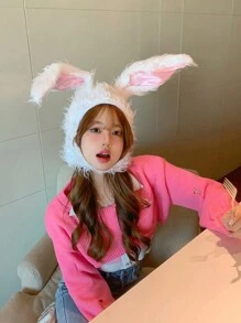 1只可愛毛絨兔耳長連帽帽子，女士搞笑兔耳帽 - A - 查看 1