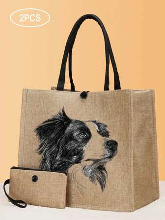 2 件边境牧羊犬印花手提包、可爱小狗印花手提包套装、轻便大容量手提包、可重复使用的粗麻布购物袋、带化妆包的便携式旅行沙滩包、生日礼物、教师节、护士节、生日、周年纪念日、最佳礼物