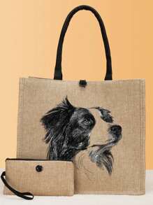 2 件边境牧羊犬印花手提包、可爱小狗印花手提包套装、轻便大容量手提包、可重复使用的粗麻布购物袋、带化妆包的便携式旅行沙滩包、生日礼物、教师节、护士节、生日、周年纪念日、最佳礼物