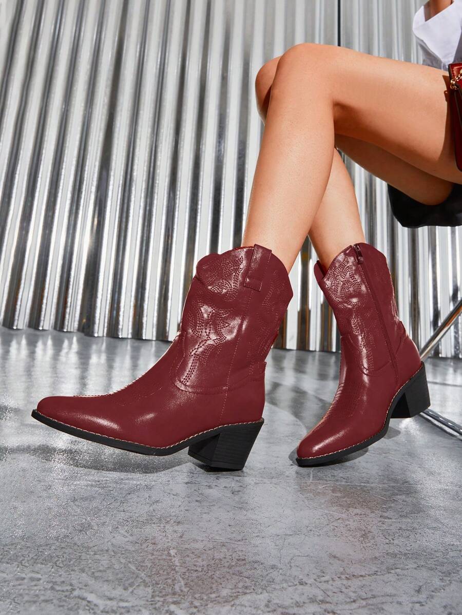 Cowboy Boots For Women, Pointed Toe Chunky Heel Cowgirl Boots, Zipper Pull-On Stitched Western Boots Ankle Boots For Ladies (White,Red,Black,Brown) - 紅色 - 查看 1
