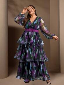 Plus Size Elegant Floral Printed Lantern Sleeve Cake Dress For Spring/Summer - Multicolor - View 3