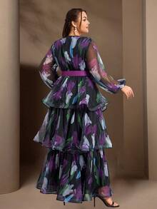 Plus Size Elegant Floral Printed Lantern Sleeve Cake Dress For Spring/Summer - Multicolor - View 5
