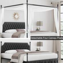 Full/Queen/King Canopy Bed Frame With 2/3 Drawers And Button Tufted Headboard, Platform Bed With 4 Removable Posts, Two-Purpose Velvet Bed, Decor Furniture For Christmas Gift, No Box Spring Needed, Dark Grey/Beige, Curtains Not Included - 深灰色 - 查看 5