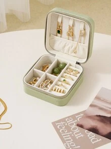 CASEGRACE 1pc PU Leather Square Jewelry Box Organizer Portable Necklace Ring Jewellery Storage Case For Valentine's Day Gift - Black - View 15