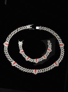 1set 12mm Width Alloy Punk Broken Heart Chain Necklace, Men's Fashion Rhinestone-Inlaid Chain, Western Style Accessory, Boyfriend Gift