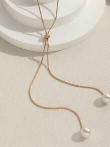 1pc Faux Pearl Adjustable Long Necklace - Multicolor - View 3