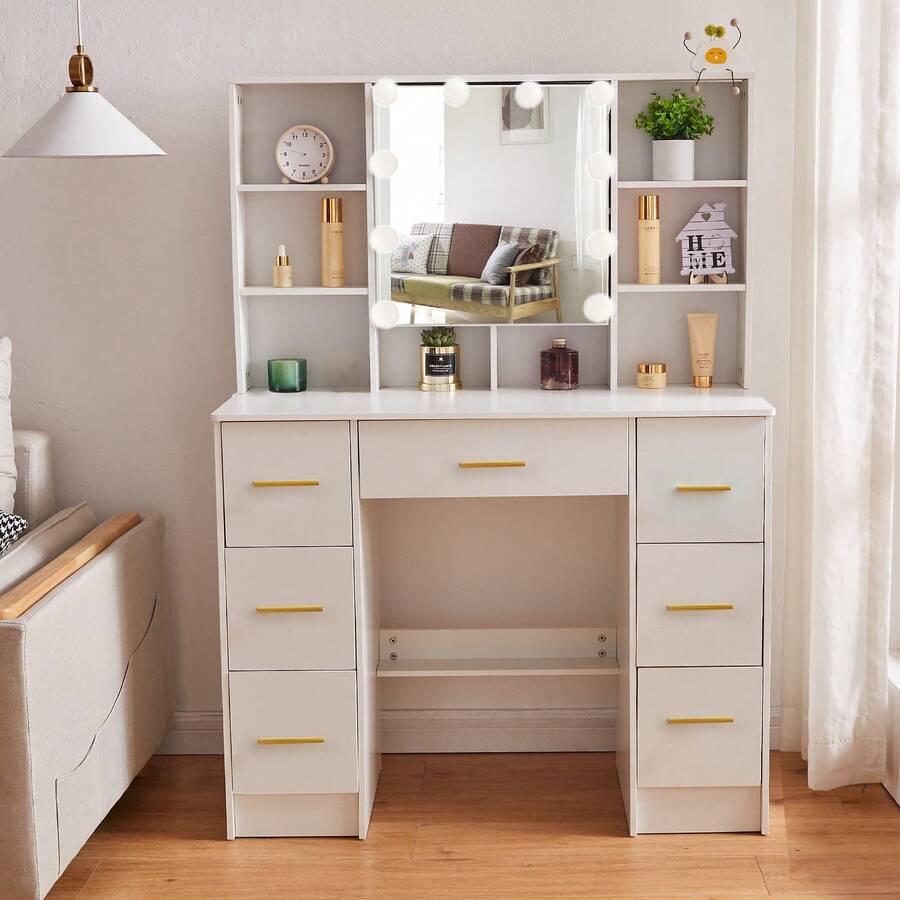 Vanity Desk With Mirror And 10 LED Lights Makeup Dressing Table With 7 Drawers - White - View 1