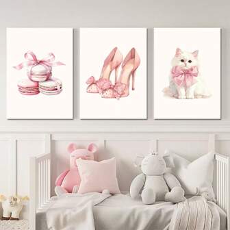 Set Of 3 Pink Bows Macarons,High Heels,Cute Pet Cats Art Canvas Poster Print,Preppy Wall Art,Playful Bows Room,Girly Dorm Room Decor,No Frame