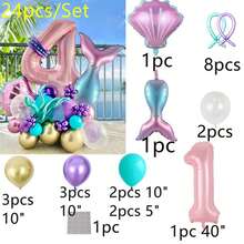 6 件美人鱼主题气球套装，生日装饰铝箔气球套装，海洋鱼尾亮片贝壳气球派对装饰气球，彩色渐变数字气球 1-9，圣诞节 - 24pcs/set - 查看 10