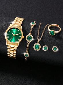 Bộ 1 đồng hồ nữ, dây đeo hợp kim kẽm, trang trí đá pha lê lấp lánh, mặt tròn, máy thạch anh, kèm dây chuyền, bông tai, nhẫn, vòng tay, thích hợp đeo hàng ngày, làm quà sinh nhật, quà dự tiệc, quà tặng ngày lễ, quà lý tưởng cho bản thân hoặc bạn bè. Không bao gồm hộp đựng. - màu xanh lá - Xem 1