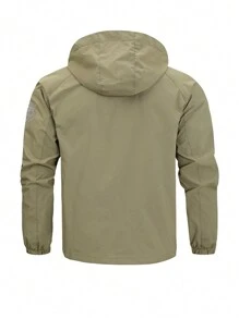1pc Men's Outdoor Windbreaker Jacket, Multi-Pocket Khaki Hooded Sportswear Coat
