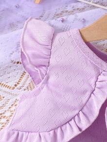 2 piezas Conjunto elegante de niña bebé de blusa con volantes y vestido de malla bordada con mariposas, para verano - Morado - Ver 5