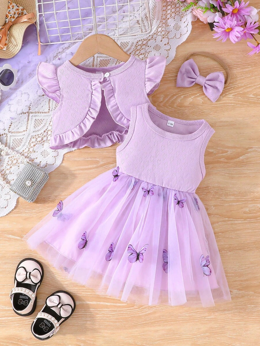 2 piezas Conjunto elegante de niña bebé de blusa con volantes y vestido de malla bordada con mariposas, para verano - Morado - Ver 1