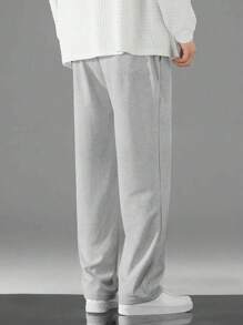 1pc Tween Boys' Casual Solid Color Toothpick Pleated Decor Sports Outdoor Waffle Straight Leg Pants, Spring/Autumn - Grey - View 2